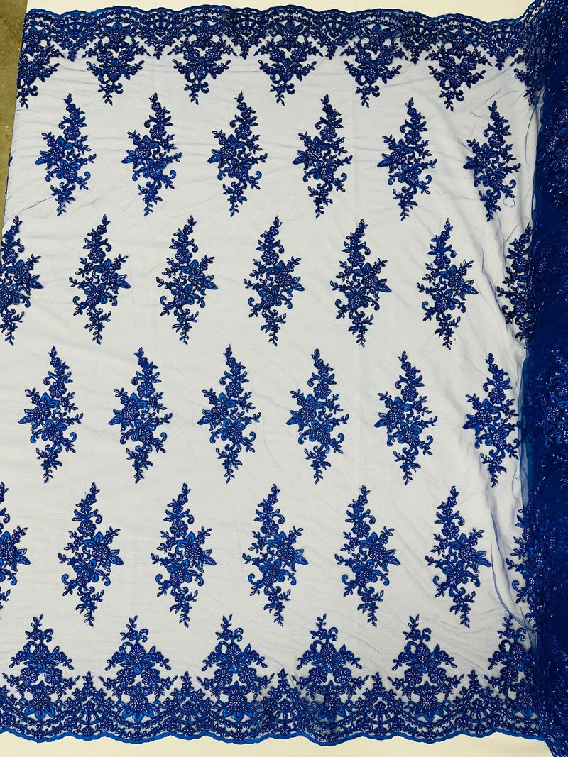 Fancy Border Cluster Fabric - Royal Blue - Embroidered Beaded Flower Lace Design on Mesh Yard