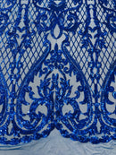 Heart Shape Sequins Fabric - Royal Blue - 4 Way Stretch Sequins Damask Fabric By Yard