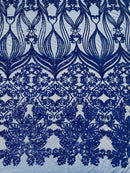 Damask Small Heart Design - Royal Blue - Floral Heart Design Sequins on Mesh By Yard