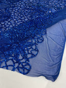 Floral Star Leaf Design - Royal Blue - 4 Way Stretch Sequin Floral Design on Mesh By Yard