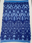 Damask Small Heart Design - Royal Blue - Floral Heart Design Sequins on Mesh By Yard