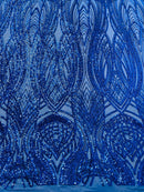 Long Wavy Line Design Sequins - Royal Blue - 4 Way Stretch Sequin Design on Mesh Fabric By Yard