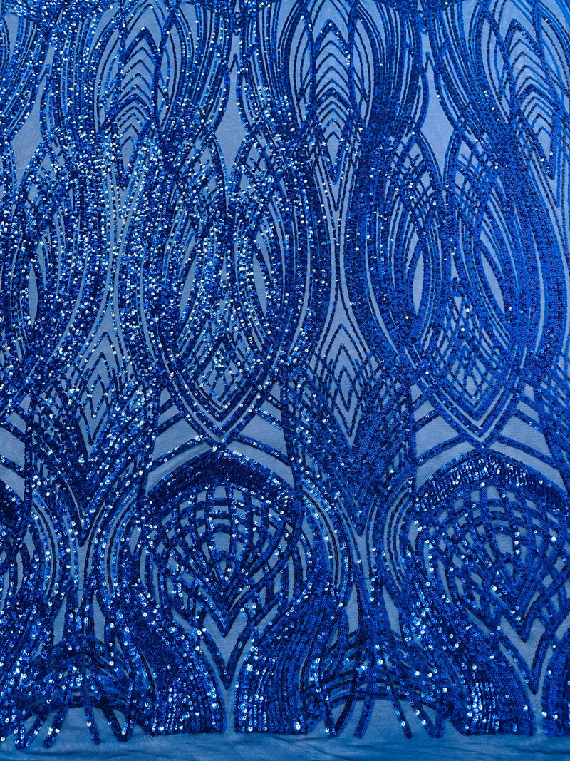 Long Wavy Line Design Sequins - Royal Blue - 4 Way Stretch Sequin Design on Mesh Fabric By Yard