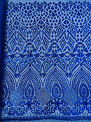 Geometric Design Fabric - Royal Blue - 4 Way Stretch Embroidered Design Sequins Fabric By Yard