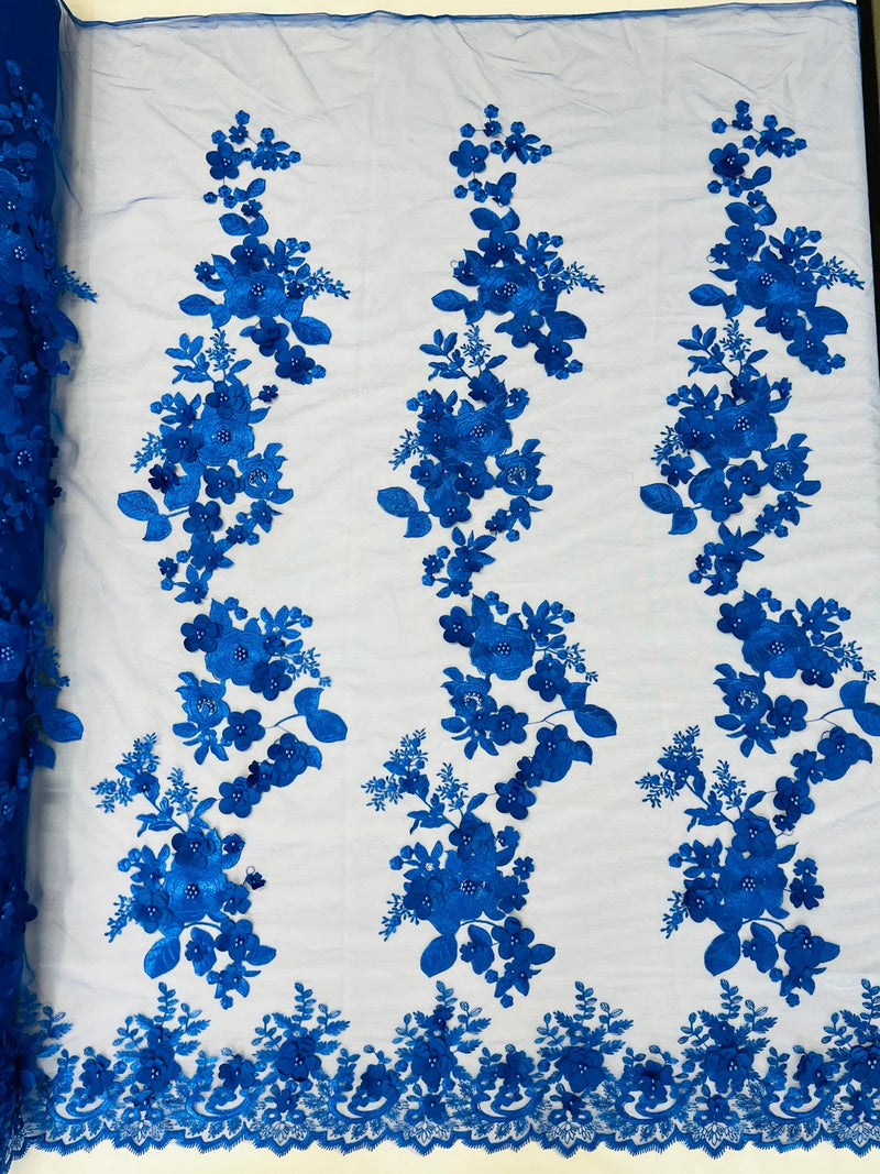 3D Rose Plant Fabric - Royal Blue - Embroidered Flower Design Rose Fabric Sold by Yard