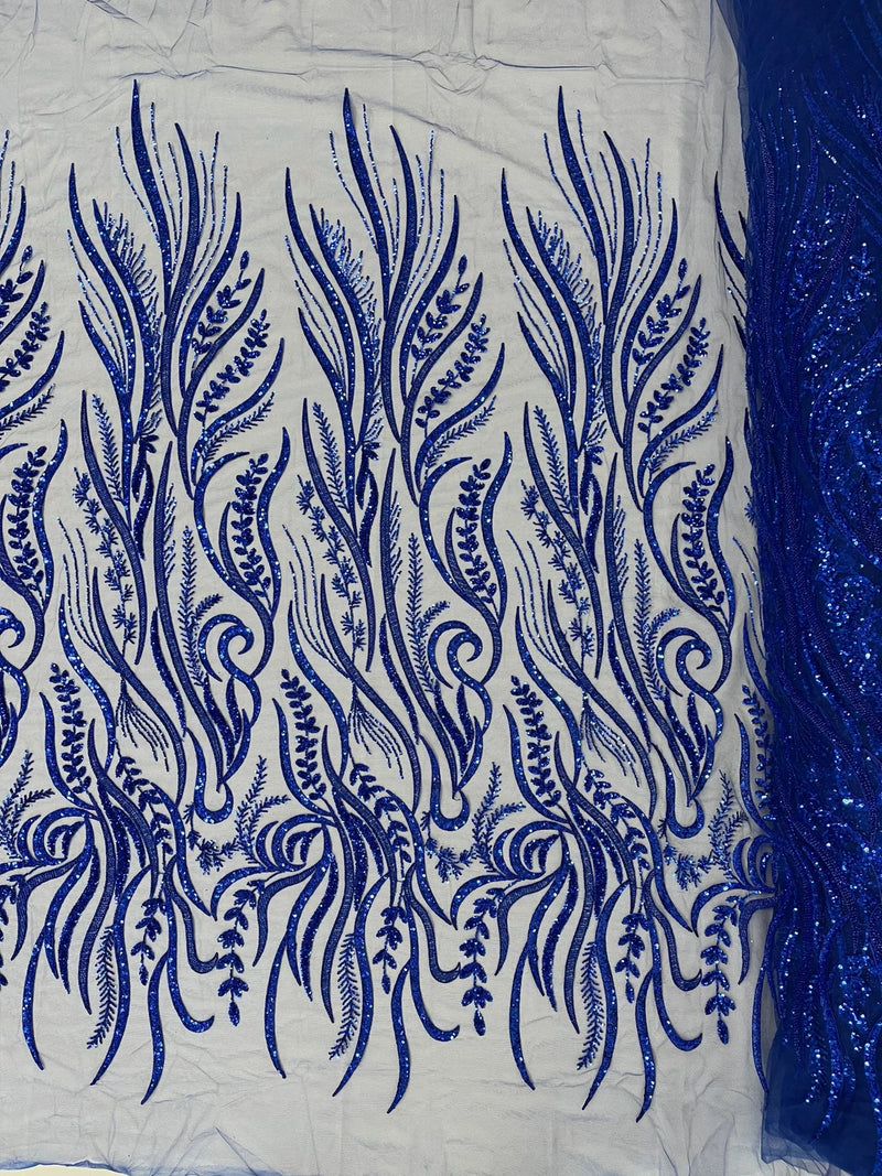 Sea Plant Beaded Fabric - Royal Blue - Beaded Embroidered Sea Plant Design Fabric by Yard