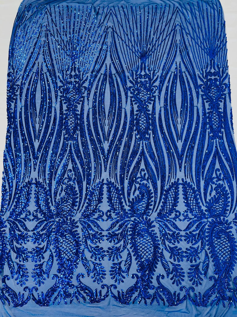 Paisley Lines Sequin Fabric - Royal Blue - 4 Way Stretch Fancy Fabric By The Yard