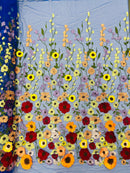 Multi-Color Flower Fabric - Royal Blue - Embroidered Floral Design Fabric Sold by Yard