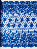 3D Triangle Floral Pearl Fabric - Royal Blue - 3D Embroidered Floral Design on Lace Mesh By Yard