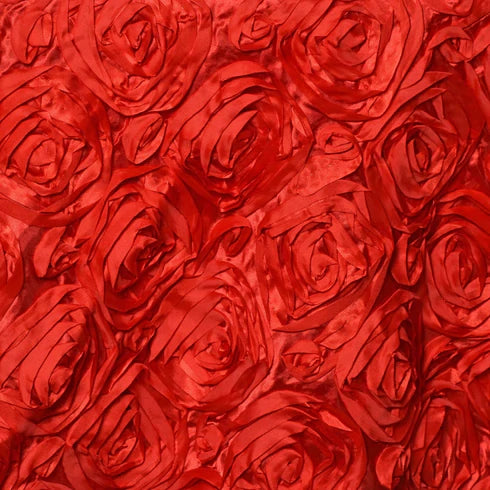 Rosette Fabric - Red - 3D Rosette Satin Floral Fabric Sold By Yard