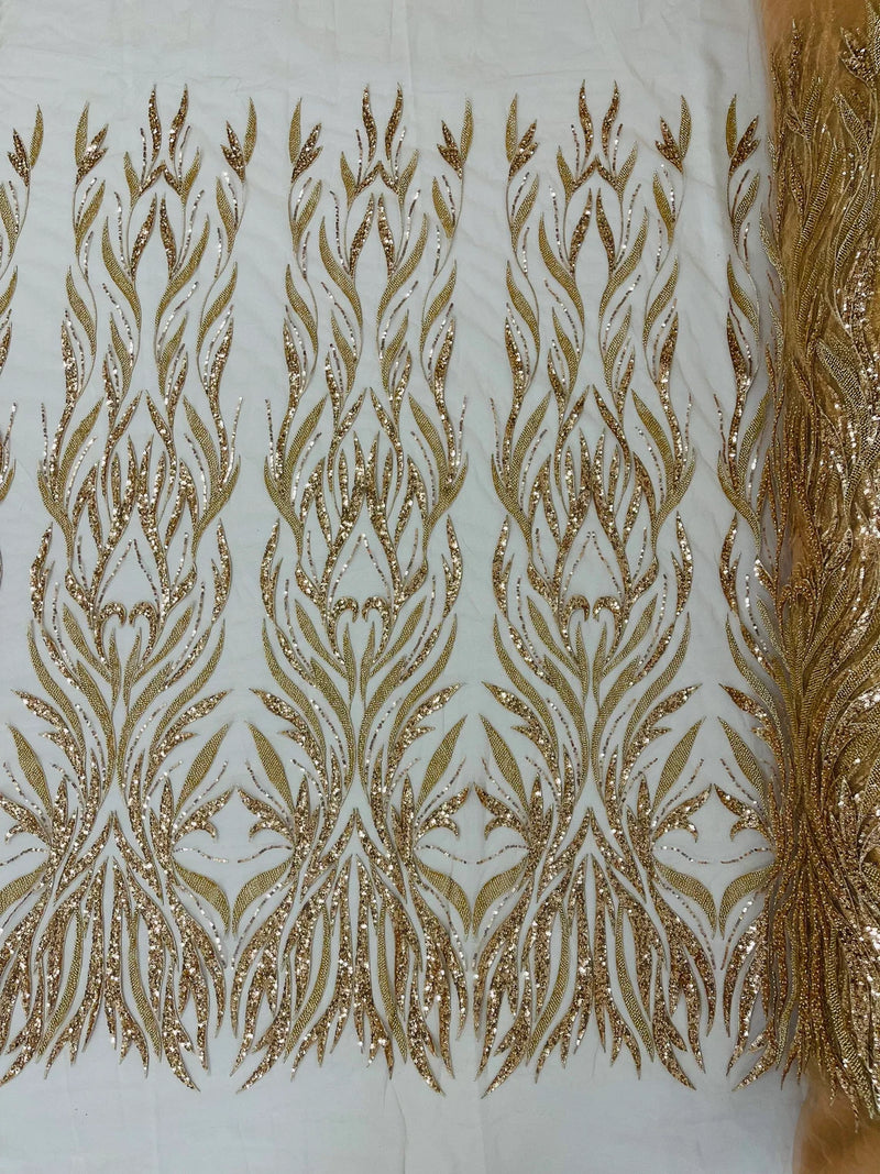 Beaded Elegant Fabric - Rose Gold - Leaf Design Beaded Embroidered Fabric by Yard