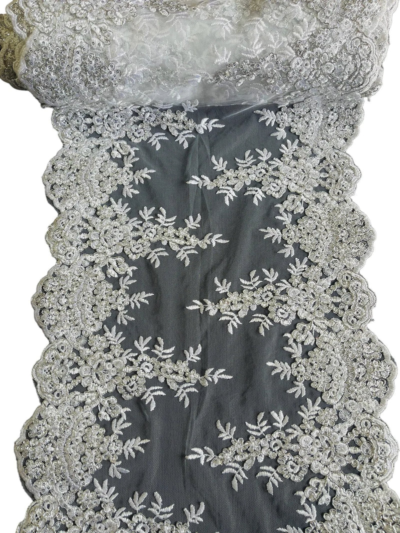 14" Flowers Design Metallic Lace Table Runner - Silver / White - Fancy Table Runner for Event Decoration (Pick Color)