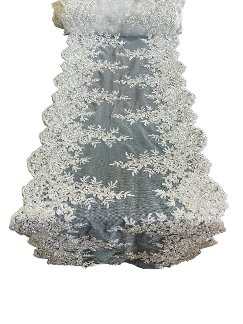 14" Flowers Design Metallic Lace Table Runner - Silver / White - Fancy Table Runner for Event Decoration (Pick Color)