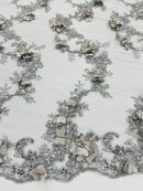 3D Flower Sequin Cluster Design - Silver - Sequins Embroidered Floral Design on Tulle Sold By Yard