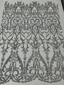 Heart Shape Sequins Fabric - Silver - 4 Way Stretch Sequins Damask Fabric By Yard