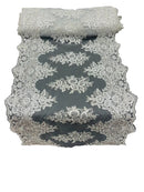 21" Wide Floral Metallic Pattern Lace Table Runner - Silver - Metallic Table Runner Sold By Yard
