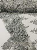 Fancy Border Cluster Fabric - Silver - Embroidered Beaded Flower Lace Design on Mesh Yard
