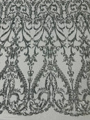Heart Shape Sequins Fabric - Silver - 4 Way Stretch Sequins Damask Fabric By Yard