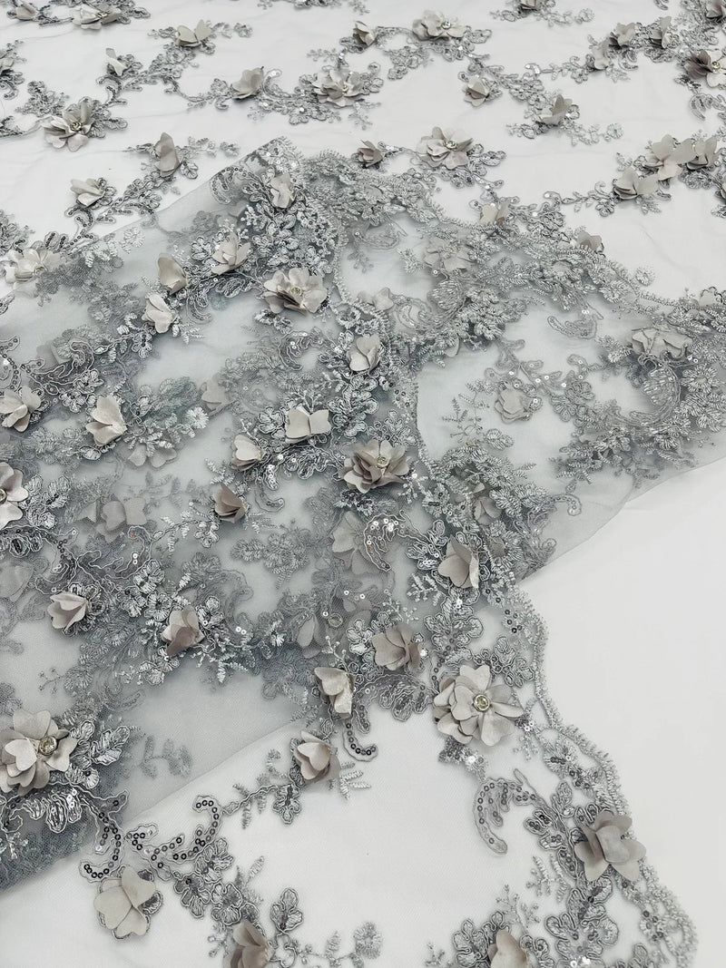 3D Flower Sequin Cluster Design - Silver - Sequins Embroidered Floral Design on Tulle Sold By Yard
