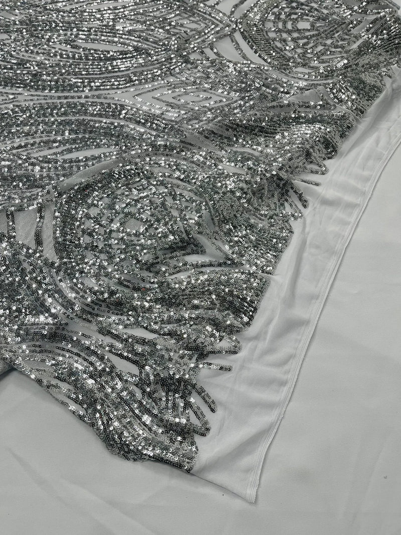 Sequins Ina Line Long Wavy Line Design Sequins - Silver - 4 Way Stretch Sequin Design o