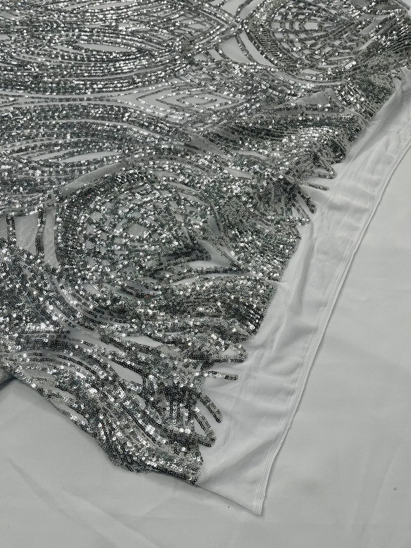 Long Wavy Line Design Sequins - Silver - 4 Way Stretch Sequin Design on Mesh Fabric By Yard