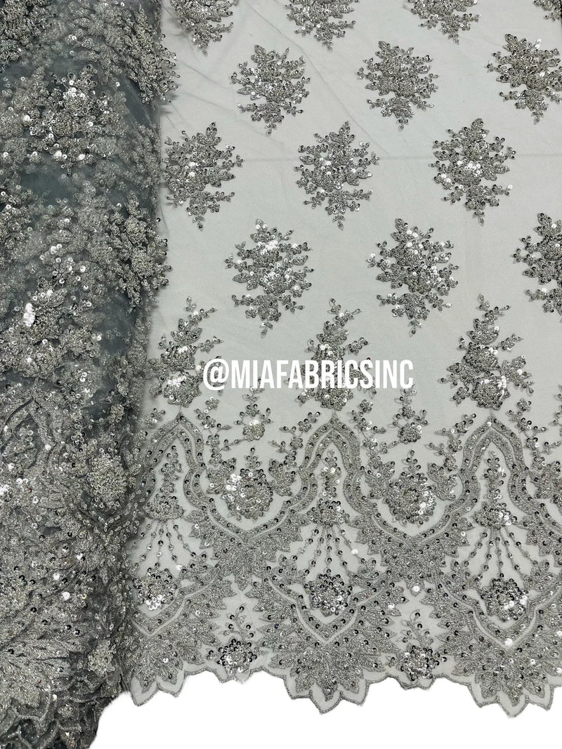 Floral Cluster Beaded Fabric - Silver - Embroidered Fancy Fashion Design Beads and Sequins Sold by yard