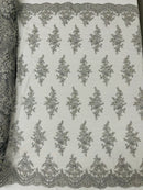 Fancy Border Cluster Fabric - Silver - Embroidered Beaded Flower Lace Design on Mesh Yard