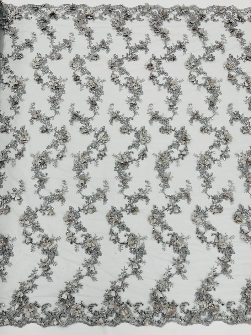 3D Flower Sequin Cluster Design - Silver - Sequins Embroidered Floral Design on Tulle Sold By Yard