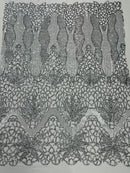 Floral Star Leaf Design - Silver - 4 Way Stretch Sequin Floral Design on Mesh By Yard