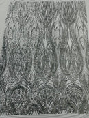 Long Wavy Line Design Sequins - Silver - 4 Way Stretch Sequin Design on Mesh Fabric By Yard