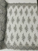 Fancy Border Cluster Fabric - Silver - Embroidered Beaded Flower Lace Design on Mesh Yard