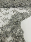 Beaded Fancy Floral Cluster - Silver - Embroidered Glamorous Floral Design by Yard