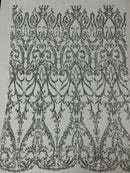 Heart Shape Sequins Fabric - Silver - 4 Way Stretch Sequins Damask Fabric By Yard