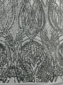 Long Wavy Line Design Sequins - Silver - 4 Way Stretch Sequin Design on Mesh Fabric By Yard