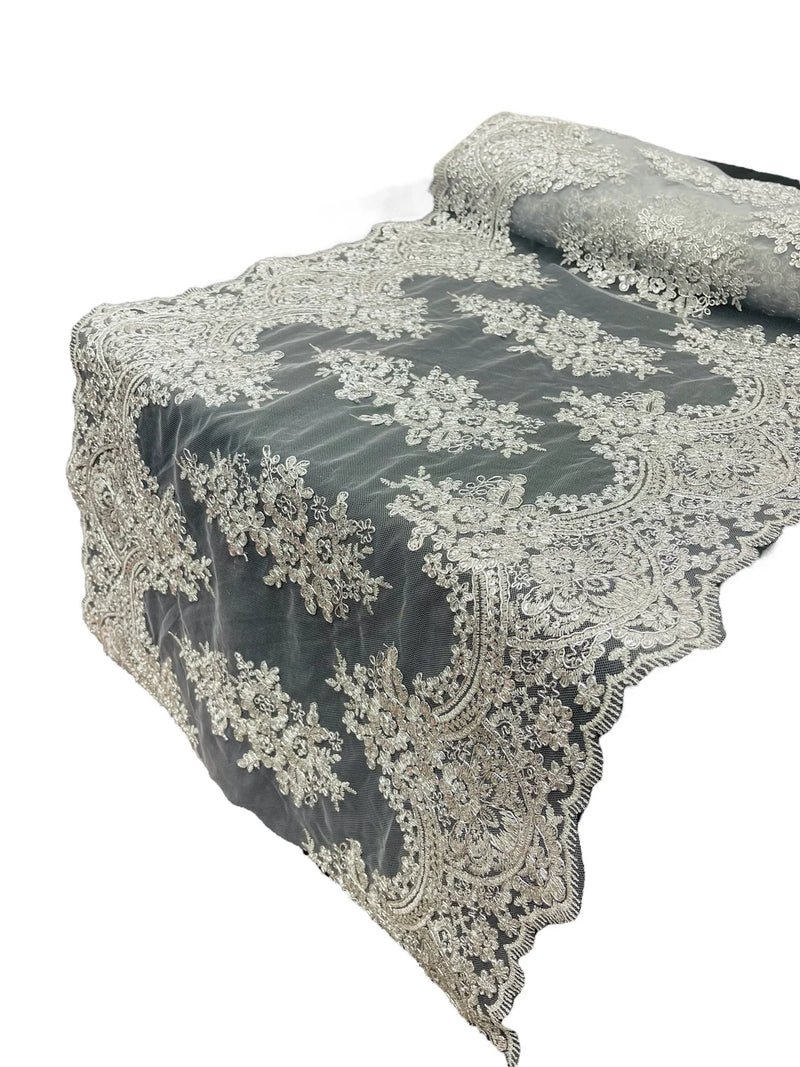 21" Wide Floral Metallic Pattern Lace Table Runner - Silver - Metallic Table Runner Sold By Yard