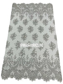 Floral Cluster Beaded Fabric - Silver - Embroidered Fancy Fashion Design Beads and Sequins Sold by yard