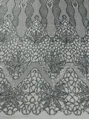 Floral Star Leaf Design - Silver - 4 Way Stretch Sequin Floral Design on Mesh By Yard