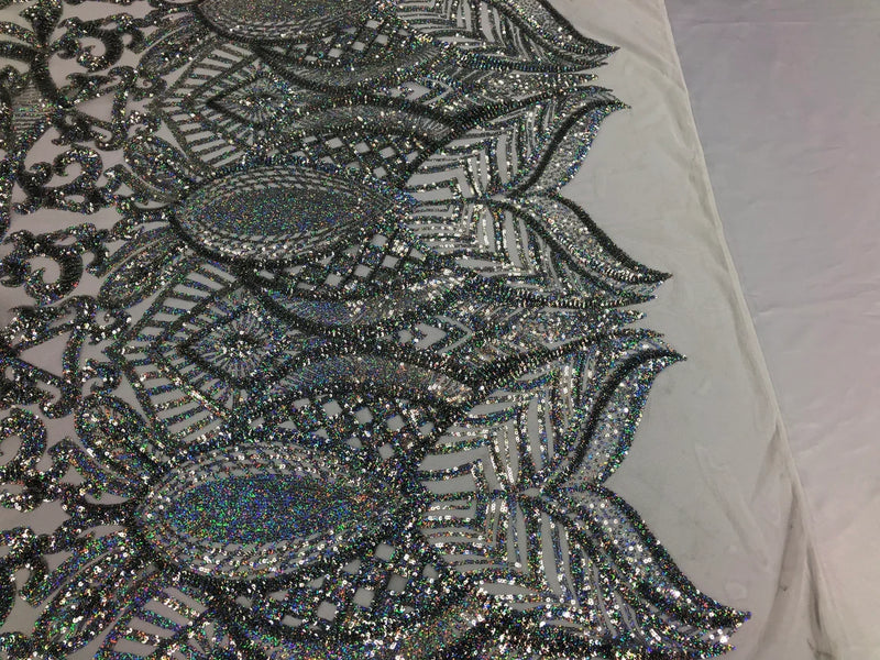 Iridescent Sequin Fabric - Silver - 4 Way Stretch Royalty Lace Sequin By Yard