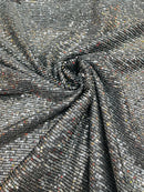 Mille Stripe Spandex Sequins - Silver on Black - 4 Way Stretch Lace Spandex Mesh Sold By Yard