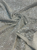 Mille Stripe Spandex Sequins - Silver on White - 4 Way Stretch Lace Spandex Mesh Sold By Yard