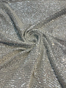 Mille Stripe Spandex Sequins - Silver on White - 4 Way Stretch Lace Spandex Mesh Sold By Yard