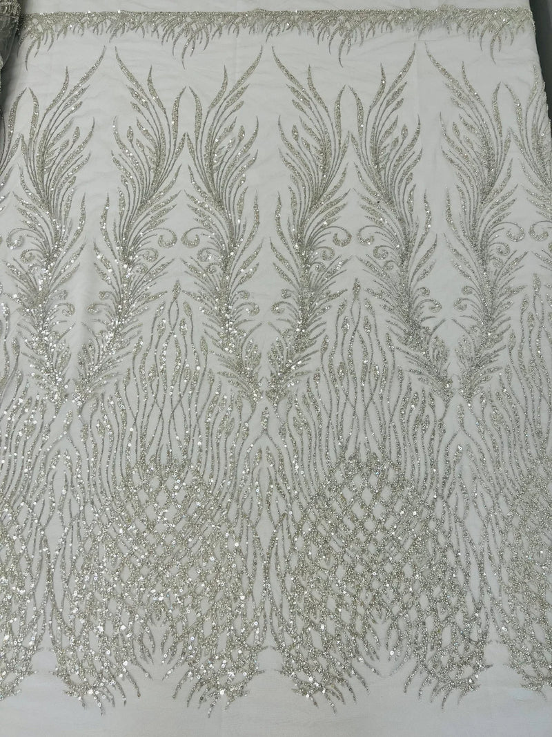 Beaded Embroidered Fabric - Silver - Embroidered Heart and Feather Pattern Fabric Sold By Yard