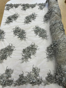 3D Floral Clusters - Silver - Black Thread Embroidered Flowers Beads Rhinestones On Lace Yard