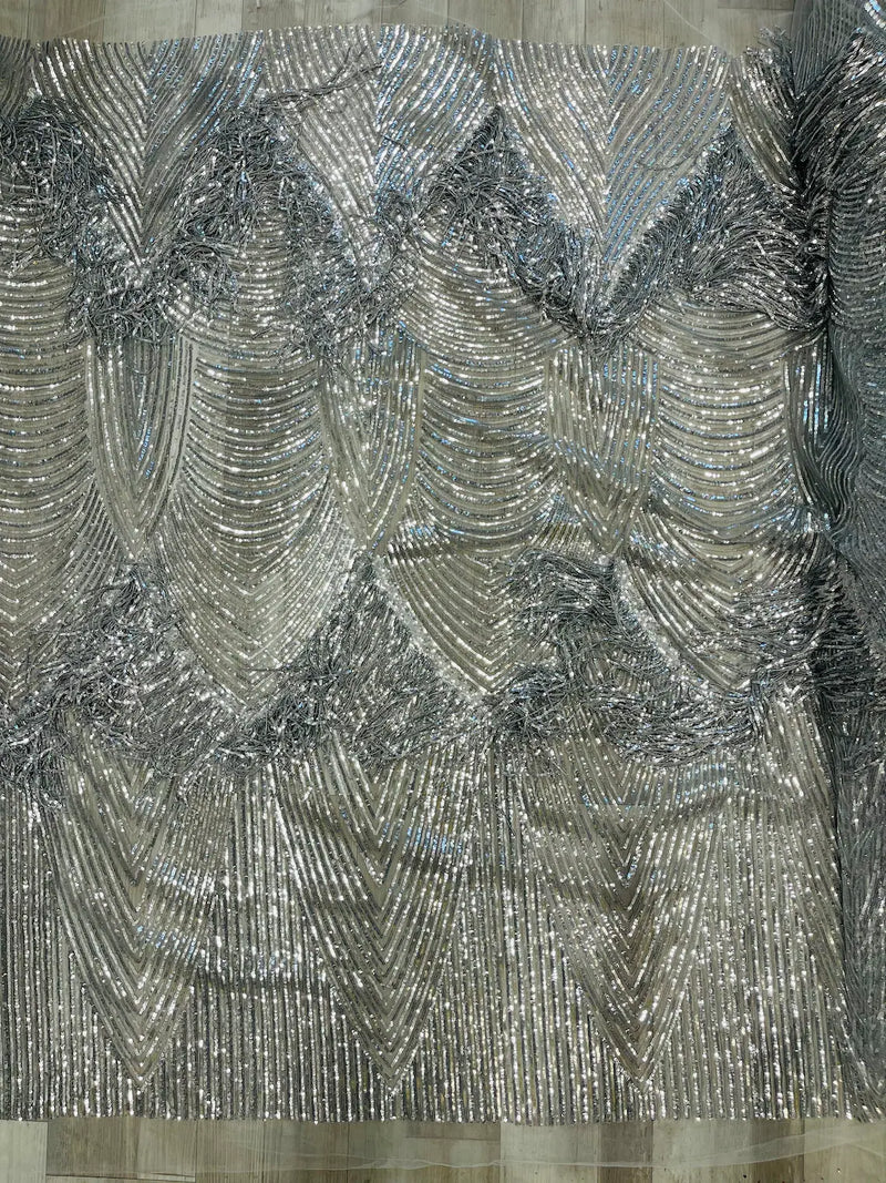 Fringe Sequins Fabric - Silver - Hanging Sequins 2 Way Stretch Fabric Sold By Yard