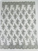 Floral Cluster Lace Fabric - Silver - Embroidered Flowers With Sequins on a Mesh Lace Fabric Sold By Yard
