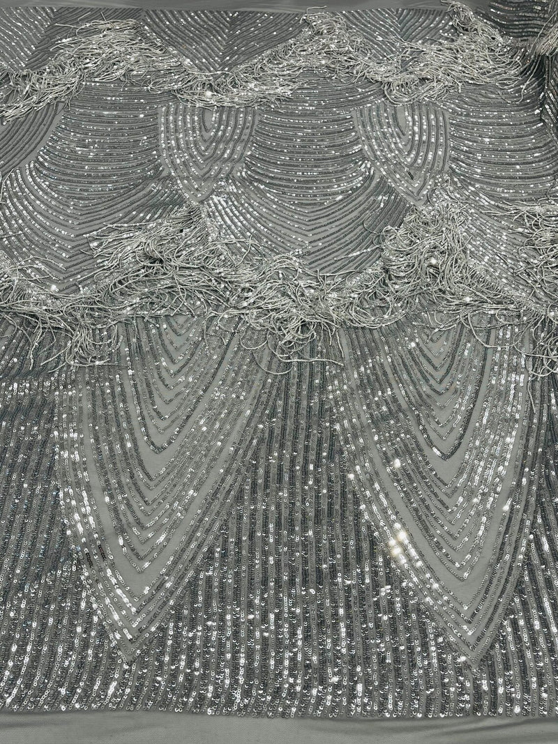 Fringe Sequins Design - Silver - Fringe Design Embroidered on a  4 Way Stretch Lace Mesh (Pick A Size)
