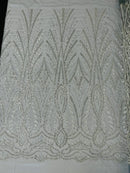 Wedding Beaded Fabric - Silver - Embroidered Fancy Fashion Pattern Fabric Sold By Yard