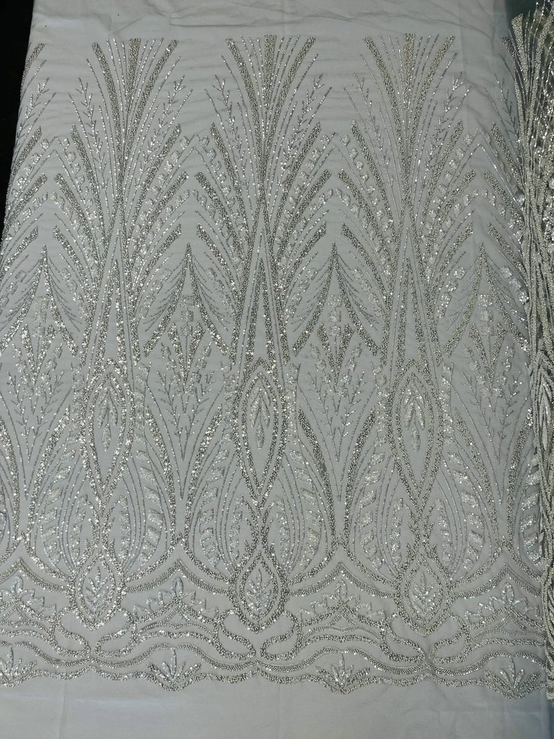 Wedding Beaded Fabric - Silver - Embroidered Fancy Fashion Pattern Fabric Sold By Yard