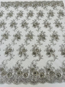 Floral Fabric - Grey/Silver - Sold By Yard Embroidered Roses With Sequins on a Mesh Lace Fabric