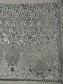 Geometric Design Fabric - Silver - 4 Way Stretch Embroidered Design Sequins Fabric By Yard